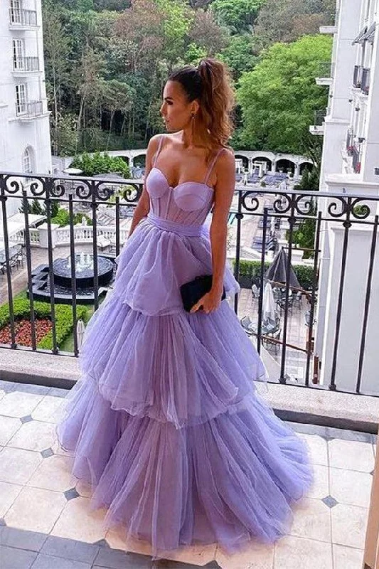 Party dresses with a unique neckline, like a sweetheart or square neck​A Line Purple Tulle Long Prom Dresses Layered Evening Formal Dresses PSK361