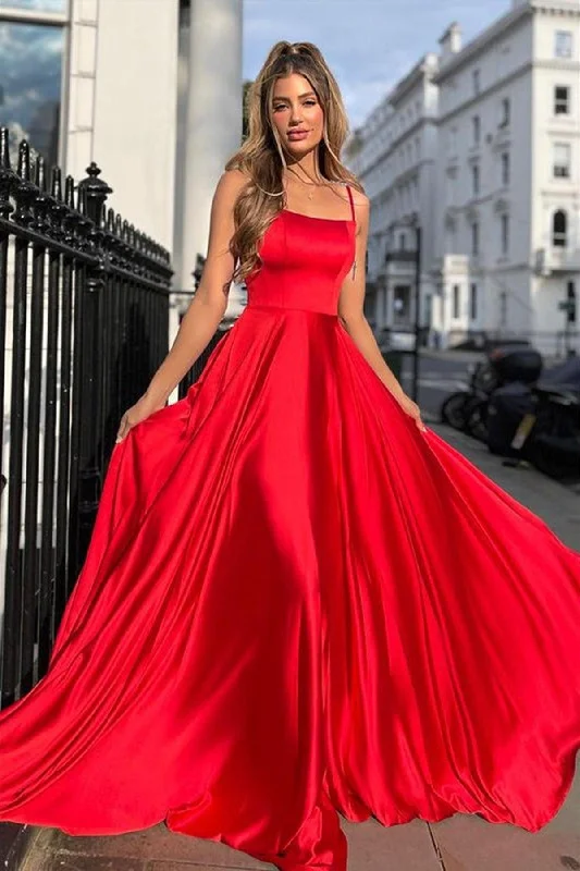 Satin party dresses with a smooth and lustrous finish​A-line Satin Scoop Neck Long Prom Dress Straps Formal Dress PSK356