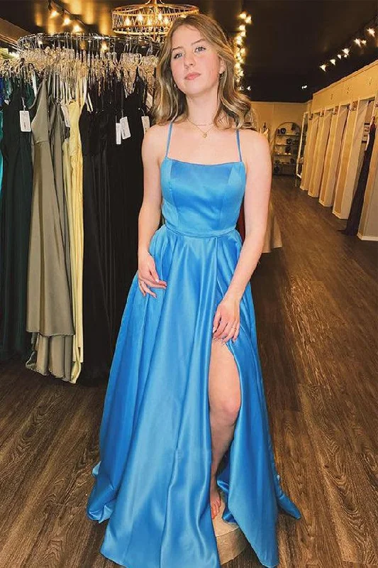 Party dresses with a metallic - thread embroidery for a luxurious touch​A Line Scoop Neck Spaghetti Straps Blue Satin Long Prom Dress With Slit PSK363