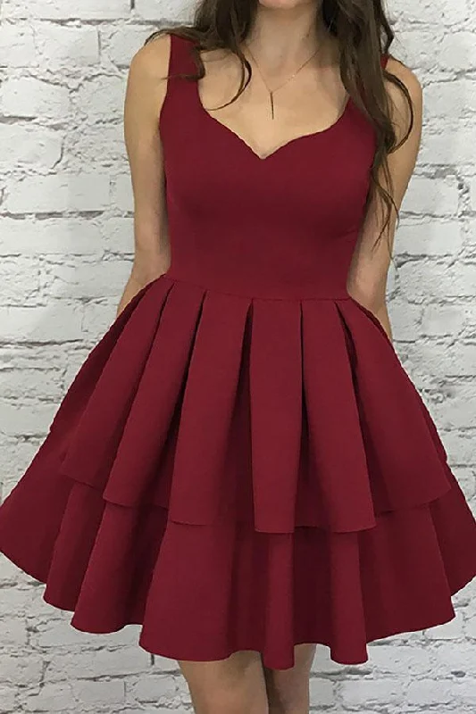 Party dresses with a one - shoulder design for a modern and unique look​A-Line Scoop Short Burgundy Tiered Elastic Satin Homecoming Dress PG193