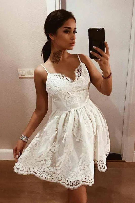 Party dresses with a bow detail for a cute and charming touch​A-Line Straps Backless White Lace Homecoming Dress with Appliques PD209