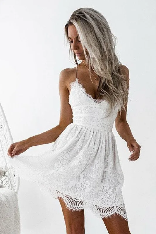 Party dresses with a bow detail for a cute and charming touch​A-Line Spaghetti Straps Criss-Cross Straps White Lace Homecoming Dress PG191