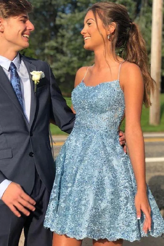 Party dresses with a detachable train for added versatility​A Line Spaghetti Straps Cross Back Blue Lace Short Prom Dresses PD259