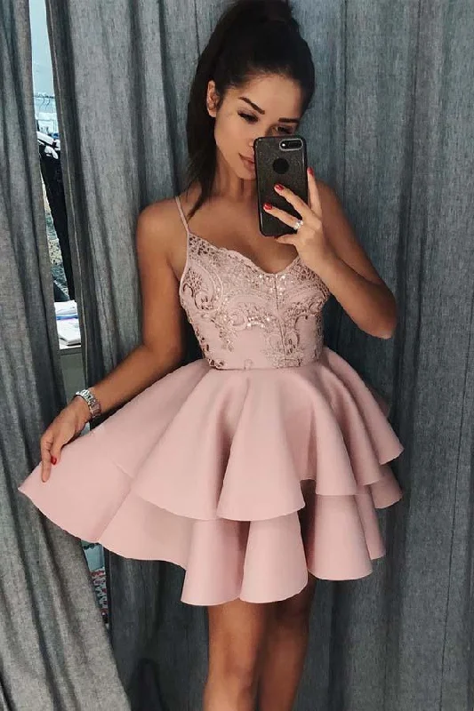 Sheath party dresses in a bold color for a statement - making outfit​Spaghetti Straps Tiered Pink Satin Homecoming Dress with Sequins PD017