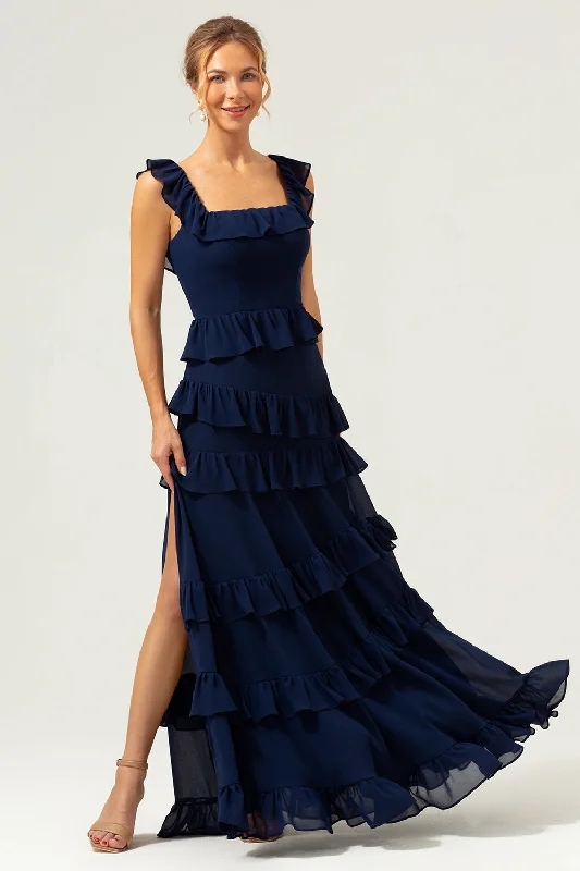 Wedding guest dresses with ruched bodices and spaghetti strapsA-Line Square Neck Tiered Chiffon Long Dark Navy Bridesmaid Dress