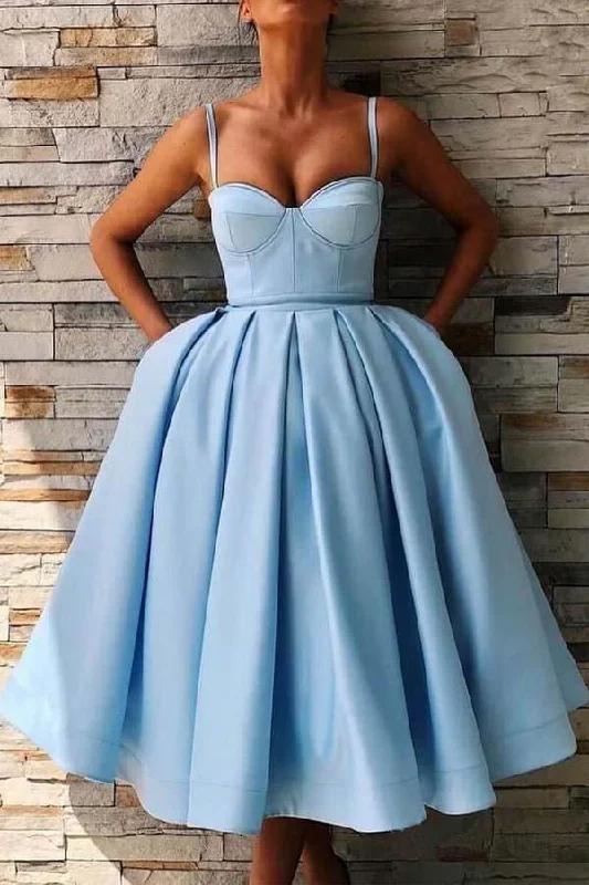 Party dresses with a V - neck design to enhance the neckline​A-Line Straps Mid-Calf Sky Blue Satin Homecoming Dress with Pockets PD057