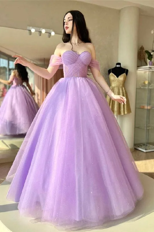 Gothic - style party dresses for a dark and mysterious look​A-Line Sweetheart Neck Tulle Purple Long Prom Dress Formal Dresses PSK364