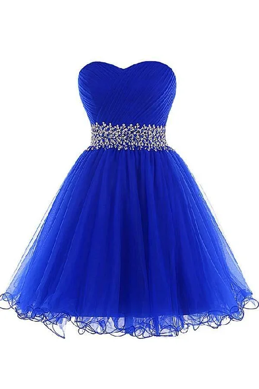 Halter - neck party dresses for a stylish and secure fit​A-line Sweetheart Short Tulle Lace-up Royal Blue Homecoming Dress PD206