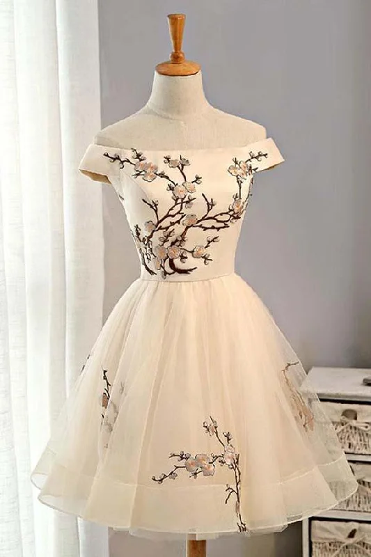 80s - inspired party dresses with bold colors and big shoulders​A-line Tulle Short Prom Dress Homecoming Dress With Embroidery  PD130