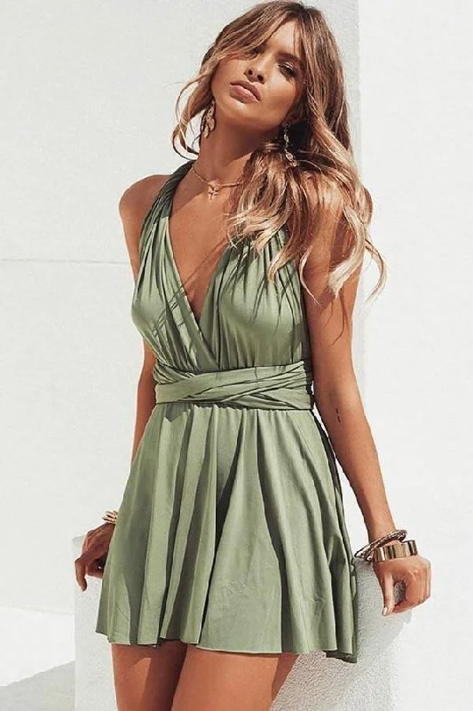 Party dresses with a sheer panel for a hint of allure​A-Line V-Neck Convertible Style Short Green Homecoming Dress PD256
