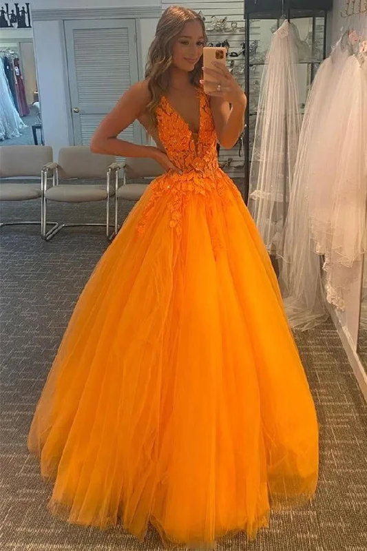 Strapless party dresses with a beaded bodice for added elegance​A-Line V-Neck Orange Long Prom Dress With Lace Appliques PSK350