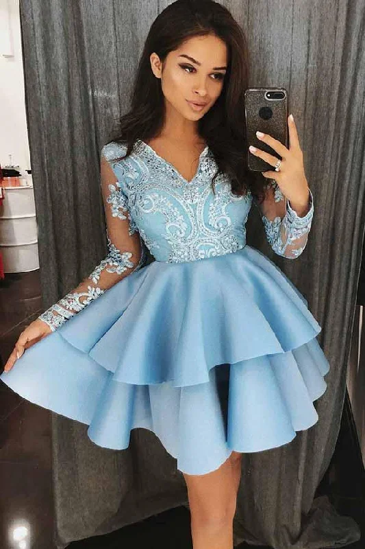 Party dresses with a metallic finish for a shiny and eye - catching effect​A-Line V-Neck Tiered Blue Satin Homecoming Dress with Appliques  PD023