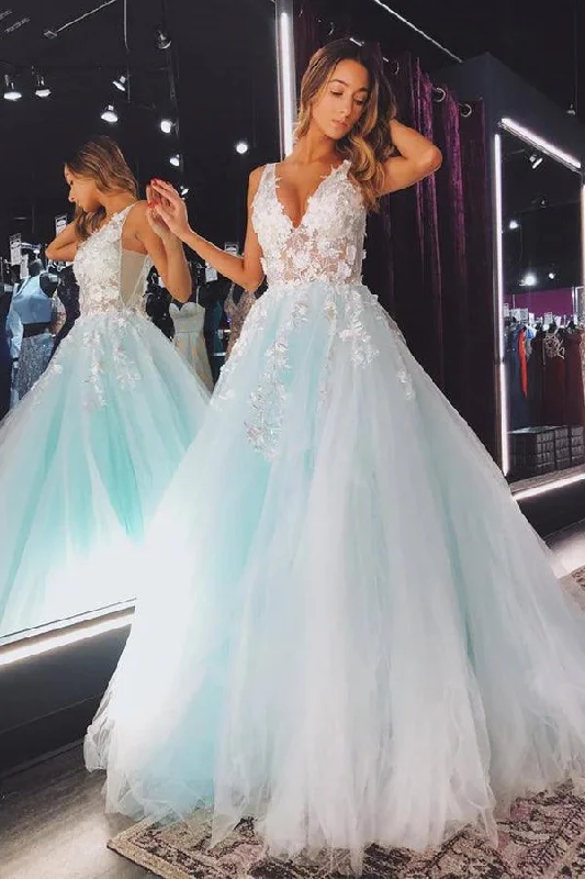 Ball gown party dresses with a full skirt for a princess - like look​A-line V Neck Tulle Lace Floral Long Prom Dress Formal Dress PSK347