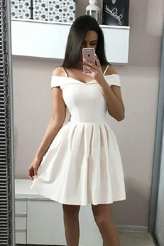 Party dresses with a leatherette material for a tough and stylish appearance​A-Line White Spaghetti Straps Satin Homecoming Dress Short Prom Dress  PD249