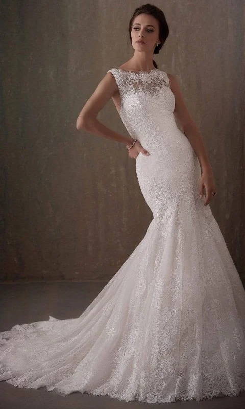 Wedding guest dresses with cold - shoulder designs and solid colorsAdrianna Papell Platinum - 31013 Lace Drape Bateau Trumpet Bridal Gown