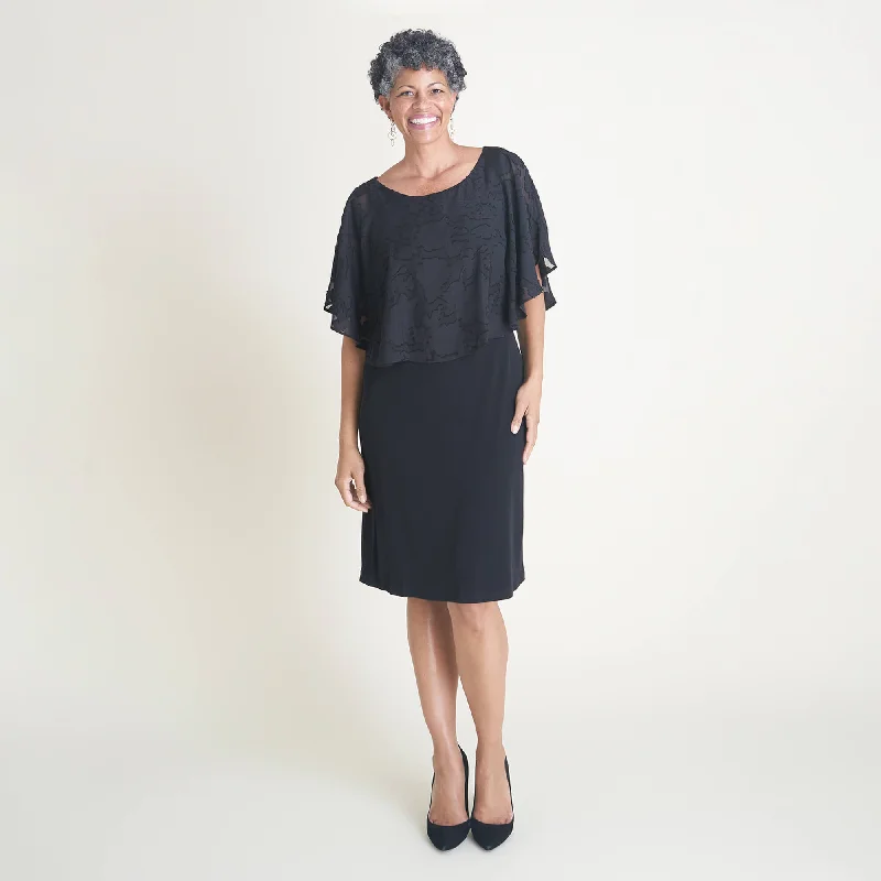 Sequined wedding guest dresses for an evening weddingAlyssa Black Chiffon Burnout Cape Dress