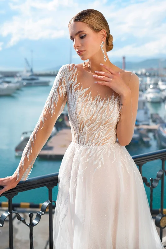 Wedding guest dresses with fringe accents for a bohemian - inspired weddingAsymmetrical Illusion Sleeve Wedding Gown