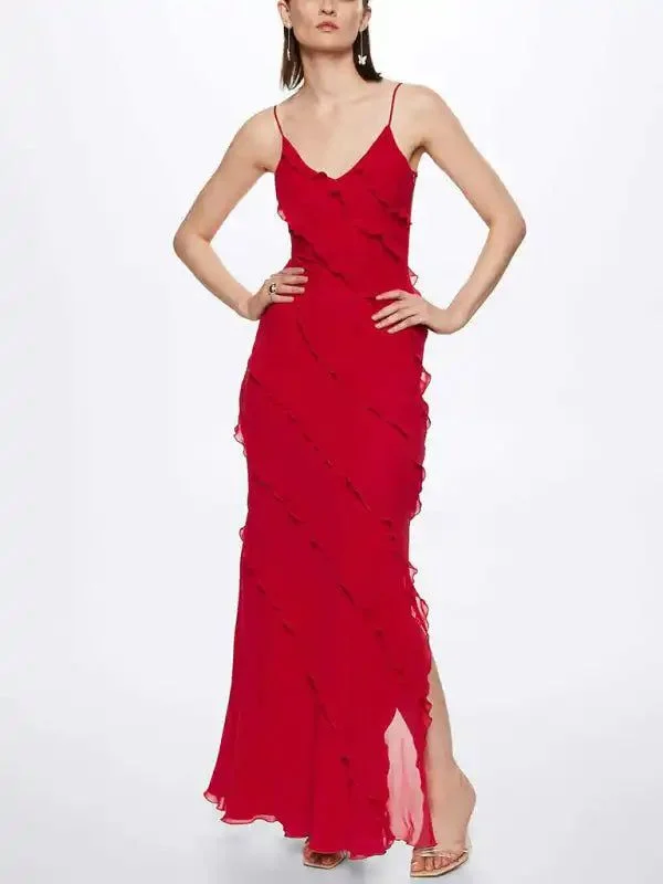 A - line cocktail dresses with floral embroidery for spring partiesBackless long skirt slit strap ruffle dress A - line cocktail dresses with floral embroidery for spring partiesBackless long skirt slit strap ruffle dress