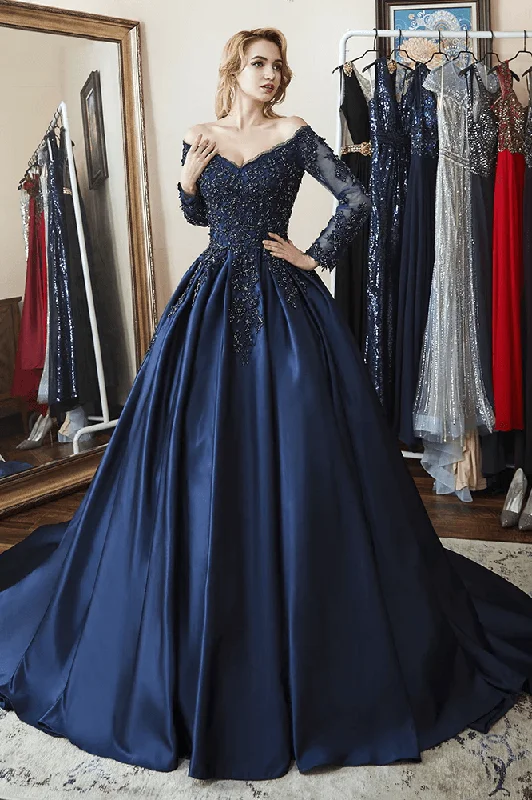 Party dresses with a handkerchief hem for a unique and flowing style​Ball Gown Long Sleeves Off Shoulder Beaded Navy Blue Prom Dress PSK342