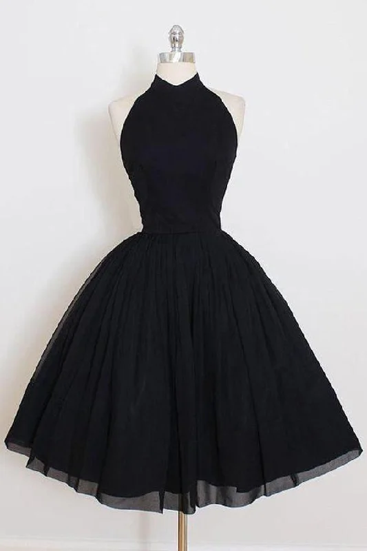 80s - inspired party dresses with bold colors and big shoulders​Black Halter Simple Short Homecoming/Party Dresses PD106