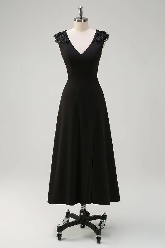 Wedding guest dresses with ruched bodices and spaghetti strapsBlack A-Line  V-Neck Long Bridesmaid Dress with Applique Sequins