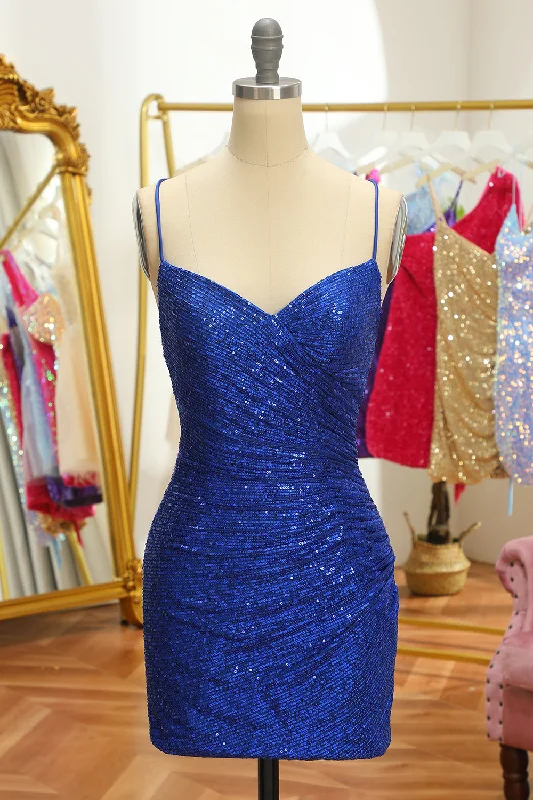 Cocktail dresses with a patchwork pattern and a mid - thigh lengthBlue Sequins Tight Backless Short Homecoming Dress Cocktail dresses with a patchwork pattern and a mid - thigh lengthBlue Sequins Tight Backless Short Homecoming Dress