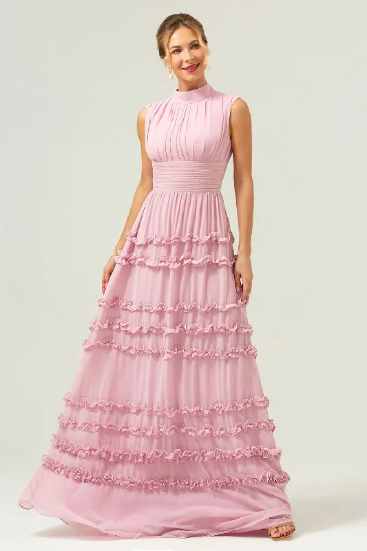 Wedding guest dresses with cut - out details and midi lengthsBlush A-Line Ruffled Chiffon Long Bridesmaid Dress with Open Back