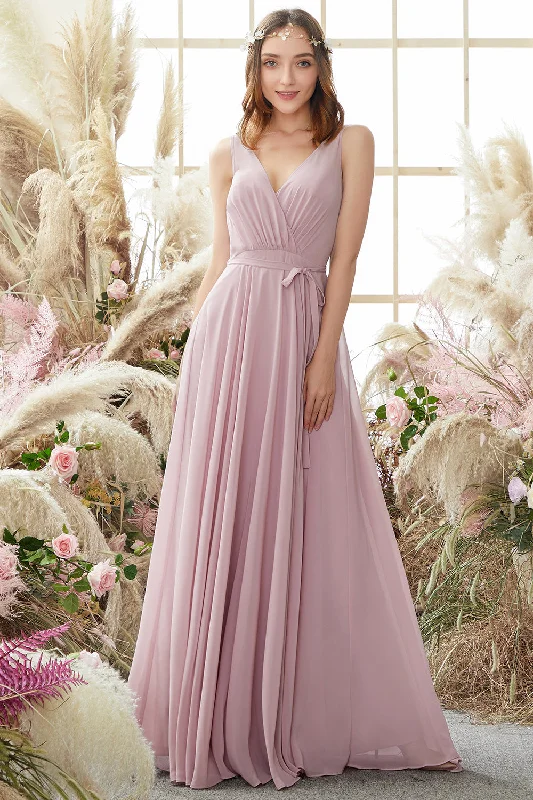 Asymmetric - hem wedding guest dresses in metallic huesBlush V Neck Long Chiffon Bridesmaid Dress Asymmetric - hem wedding guest dresses in metallic huesBlush V Neck Long Chiffon Bridesmaid Dress