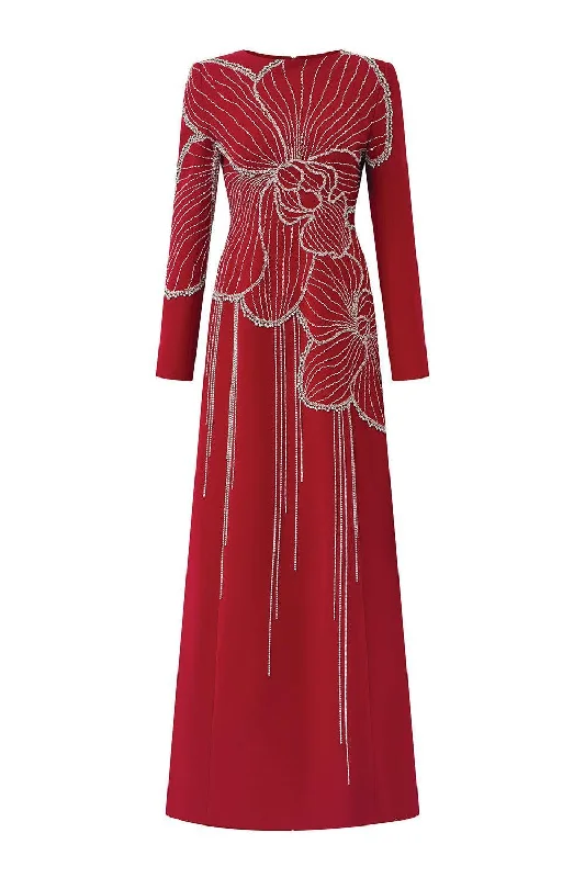 Party dresses with a fringed detail for a fun and dynamic style​Brillia Sheath Stone Velvet Satin Maxi Dress