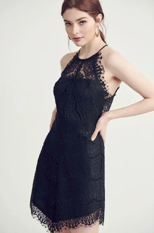 Wrap - style wedding guest dresses with bow accentsCandice Black Lace Halter Mini Dress