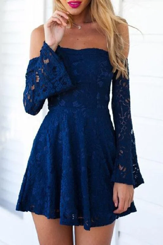 Empire - waist party dresses to accentuate the waistline​Charming Off The Shoulder Blue Lace Homecoming Dresses Party Dress PG181