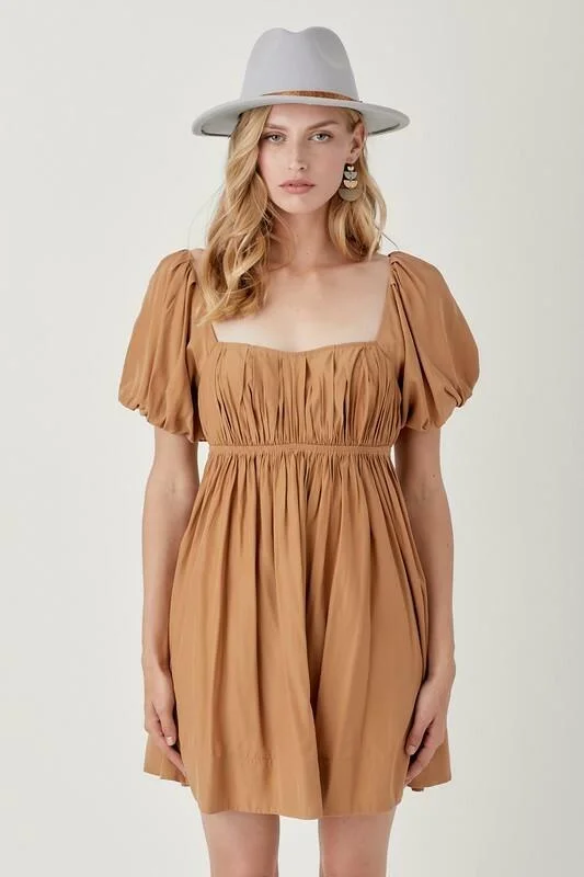 Wedding guest dresses with cold - shoulder designs and solid colorsChloe Biscuit Puff Sleeve Mini Dress