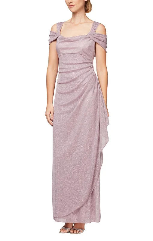 Wedding guest dresses with puff sleeves and knee - length hemsCold Shoulder Glitter Mesh Dress with Draped Skirt & Cowl Neckline Wedding guest dresses with puff sleeves and knee - length hemsCold Shoulder Glitter Mesh Dress with Draped Skirt & Cowl Neckline