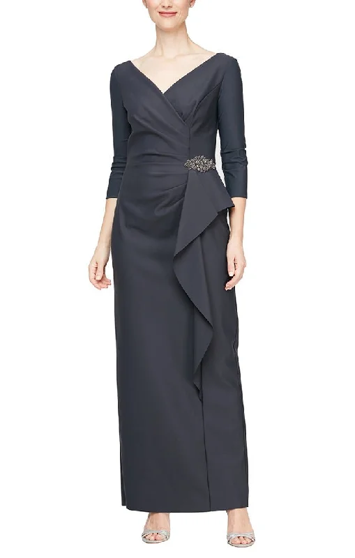 Ribbed - texture wedding guest dresses in neutral colorsCompression Dress with Surplice Neckline, Cascade Ruffle Skirt and Embellishment at Hip Ribbed - texture wedding guest dresses in neutral colorsCompression Dress with Surplice Neckline, Cascade Ruffle Skirt and Embellishment at Hip