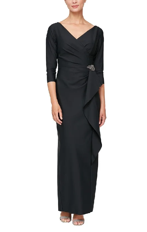 Asymmetric - hem wedding guest dresses in metallic huesCompression Dress with Surplice Neckline, Cascade Ruffle Skirt and Embellishment Detail at Hip