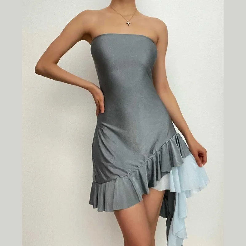 Cocktail dresses with off - the - shoulder designs and beaded accentsBerryBetty - Contrast irregular patchwork ruffle backless tube mini dress
