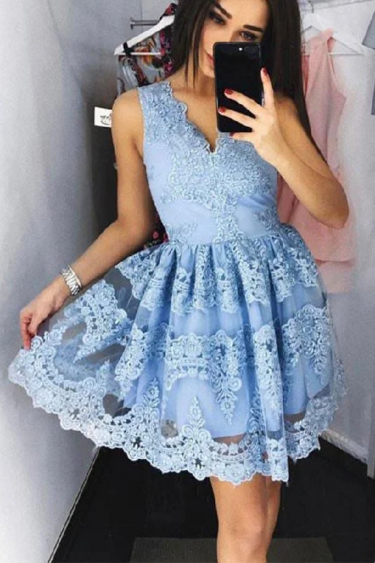 Plus - size party dresses with a flattering cut for all body types​Cute Blue Lace Short Prom Dress Blue Lace Homecoming Dress PG172