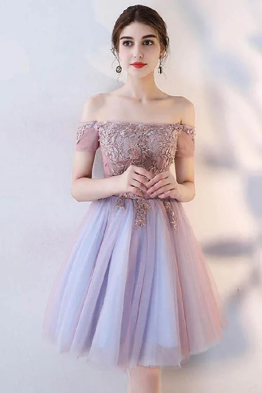 Fairy - themed party dresses with wings and glitter for a magical look​Cute Lace Off The Shoulder Tulle Short Prom Dress Homecoming Dress PD143