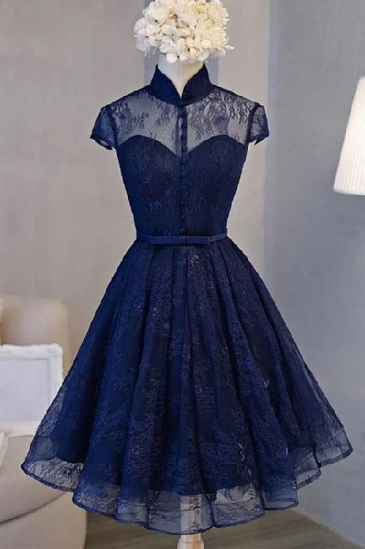 Midi - length party dresses for a modest and fashionable choice​Vintage Navy Blue Cap Sleeves Homecoming Dress Party Dresses PD281