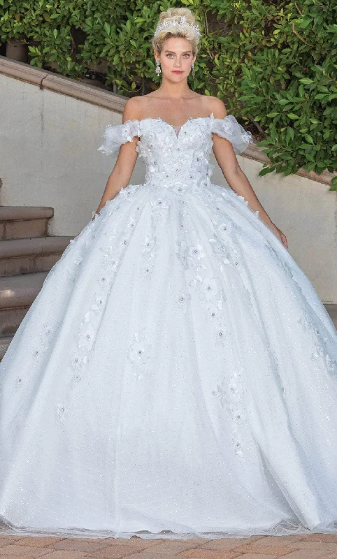 Sheer wedding guest dresses with lace inserts and long sleevesDancing Queen 1806 - Off-Shoulder 3D floral Embellished Ballgown