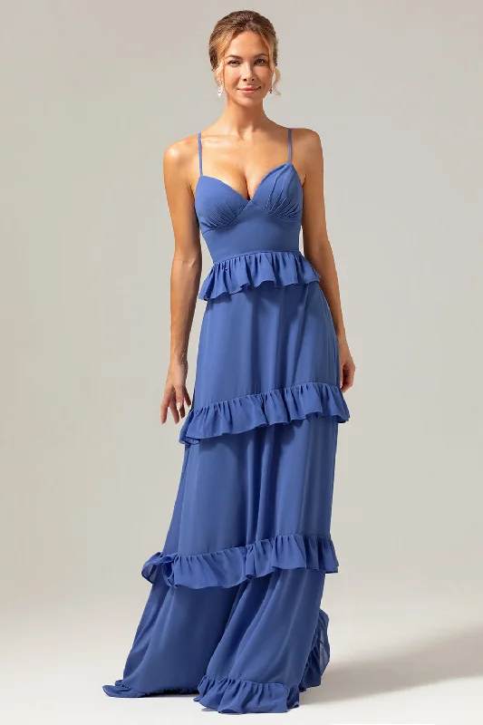 Tea - length wedding guest dresses with polka dot patternsDark Blue A-Line Spaghetti Straps Tiered Chiffon Long Bridesmaid Dress