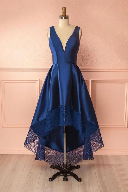 Gothic - style party dresses for a dark and mysterious look​Deep Blue V Neck High Low Lace Satin Prom Dresses Bridesmaid Dresses PG384