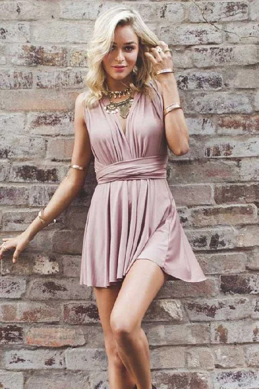 Sleeveless party dresses made of silk for a luxurious feel​Deep V-Neck Criss-Cross Straps Short Blush Satin Homecoming Dress PG198