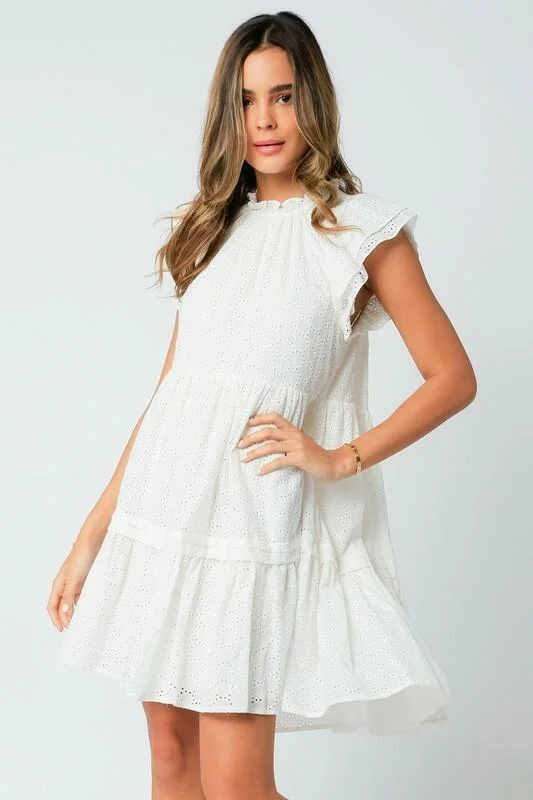 Wedding guest dresses with cold - shoulder ruffled sleeves and knee - length hemsDionne White Eyelet Flutter Sleeve Dress