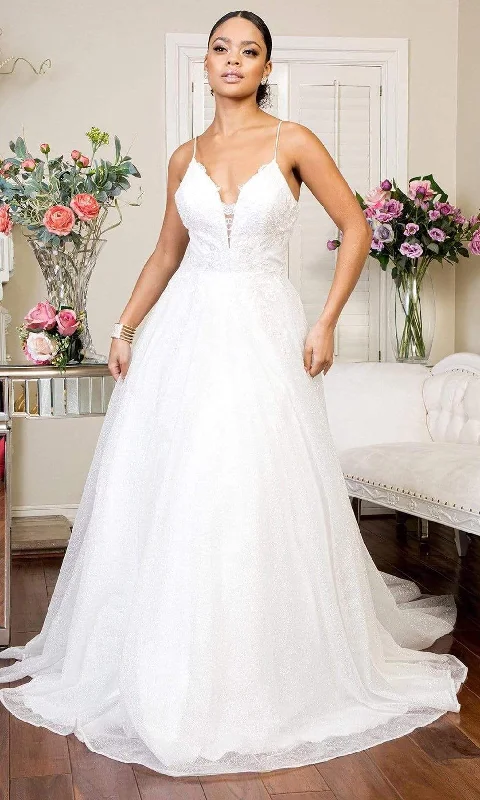 Wrap - style wedding guest dresses with bow accentsElizabeth K - GL1904 Deep V Neck Glitter Mesh A-line Gown