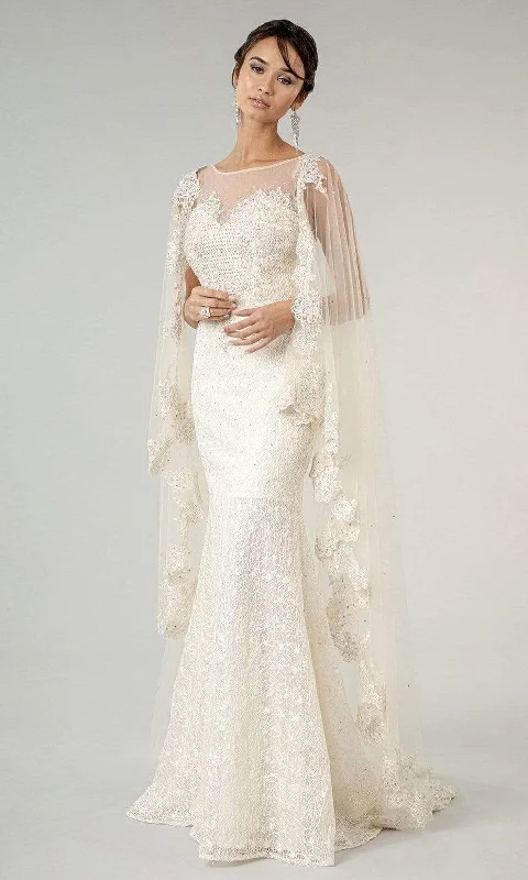 Plaid wedding guest dresses in muted colors for a fall weddingElizabeth K - GL1918 Lace Embroidered Sheath Bridal Gown with Cape