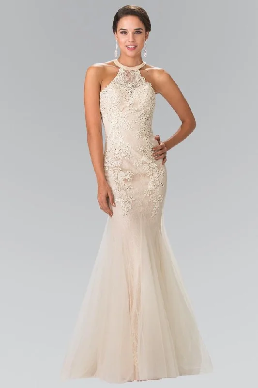 Off - the - shoulder wedding guest dresses in chiffonElizabeth K Bridal - GL2243 Lace Halter Mermaid Gown