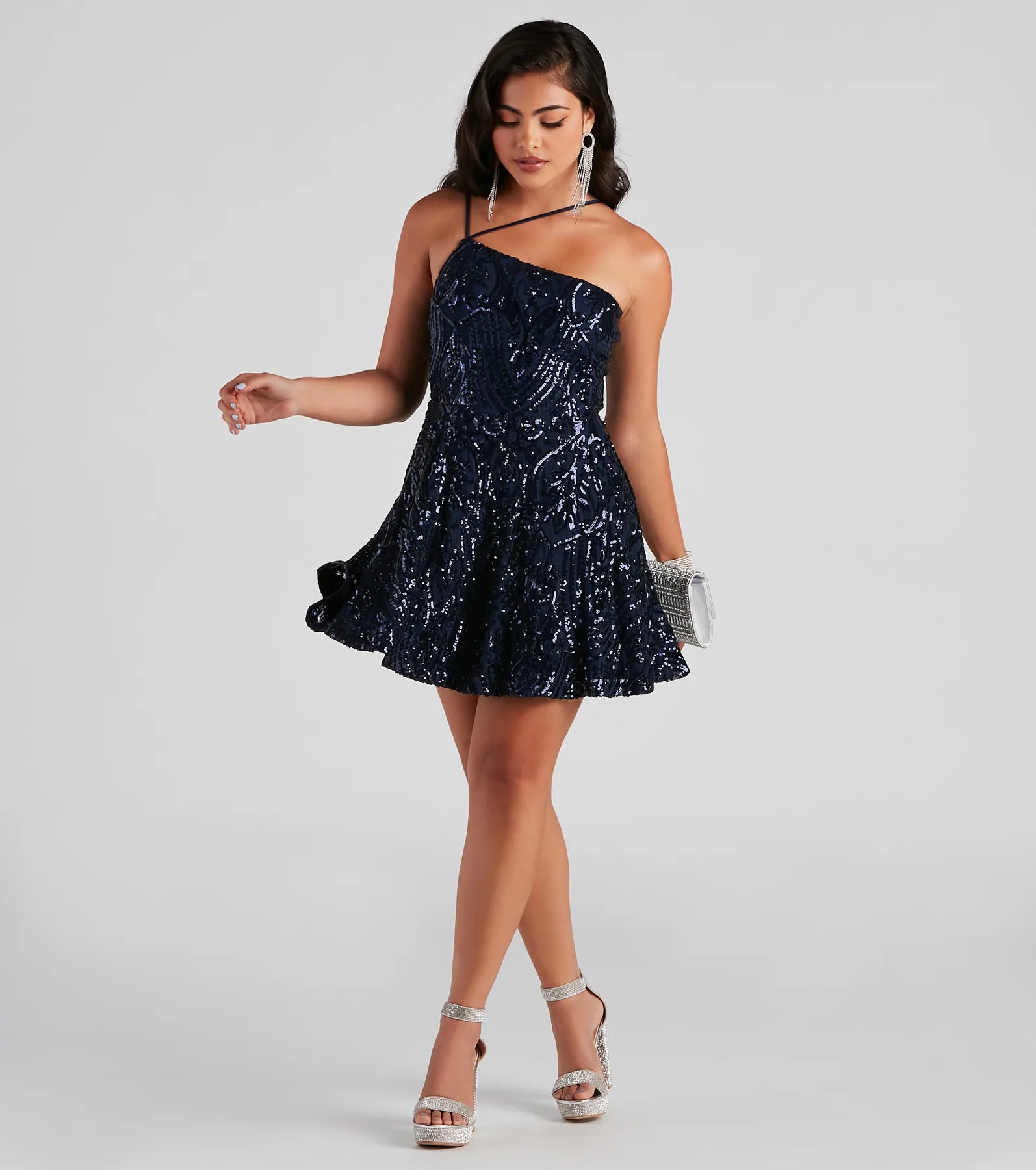 Cocktail dresses with a pleated skirt and a square necklineEve One-Shoulder Sequin Party Dress Cocktail dresses with a pleated skirt and a square necklineEve One-Shoulder Sequin Party Dress