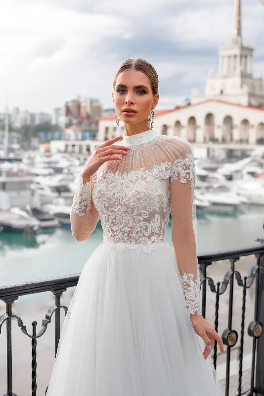 Wedding guest dresses with puff sleeves and knee - length hemsExquisite High Neck Illusion Sleeve Wedding Gown