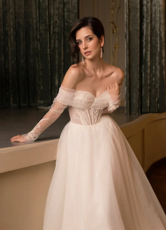 Ribbed - texture wedding guest dresses in neutral colorsExquisite Off-Shoulder Wedding Gown with Removable Sleeves